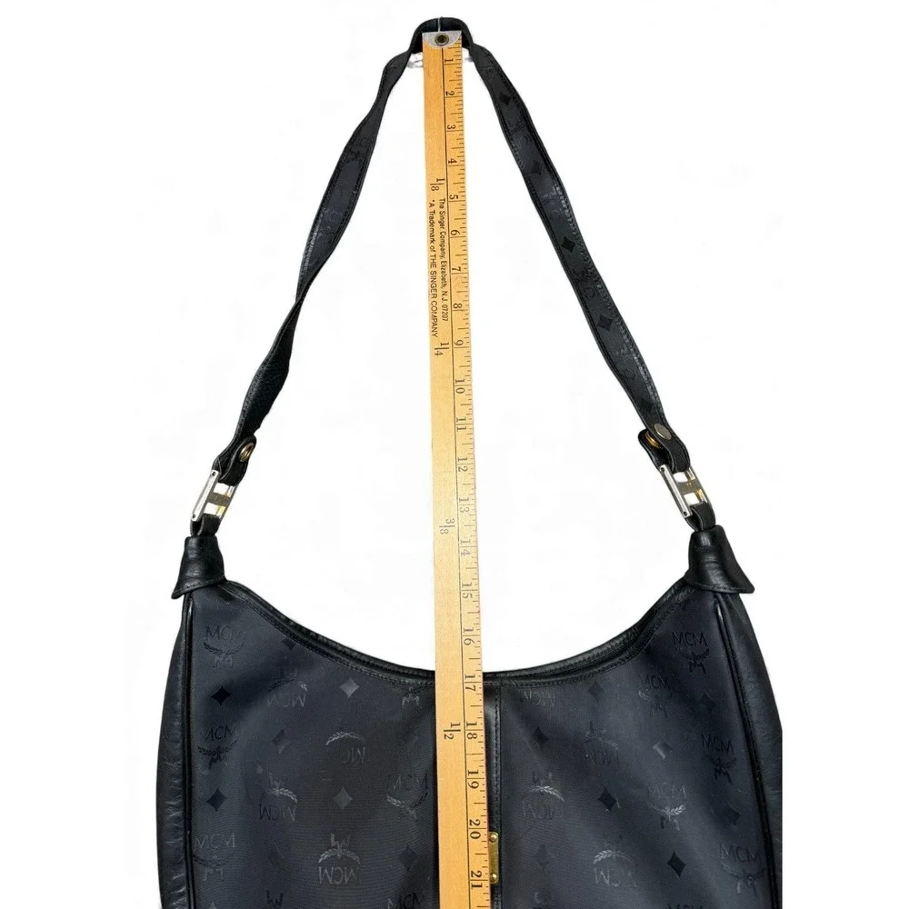 Vintage MCM Monogram Shoulder Bag Black Leather Hobo Style Logo